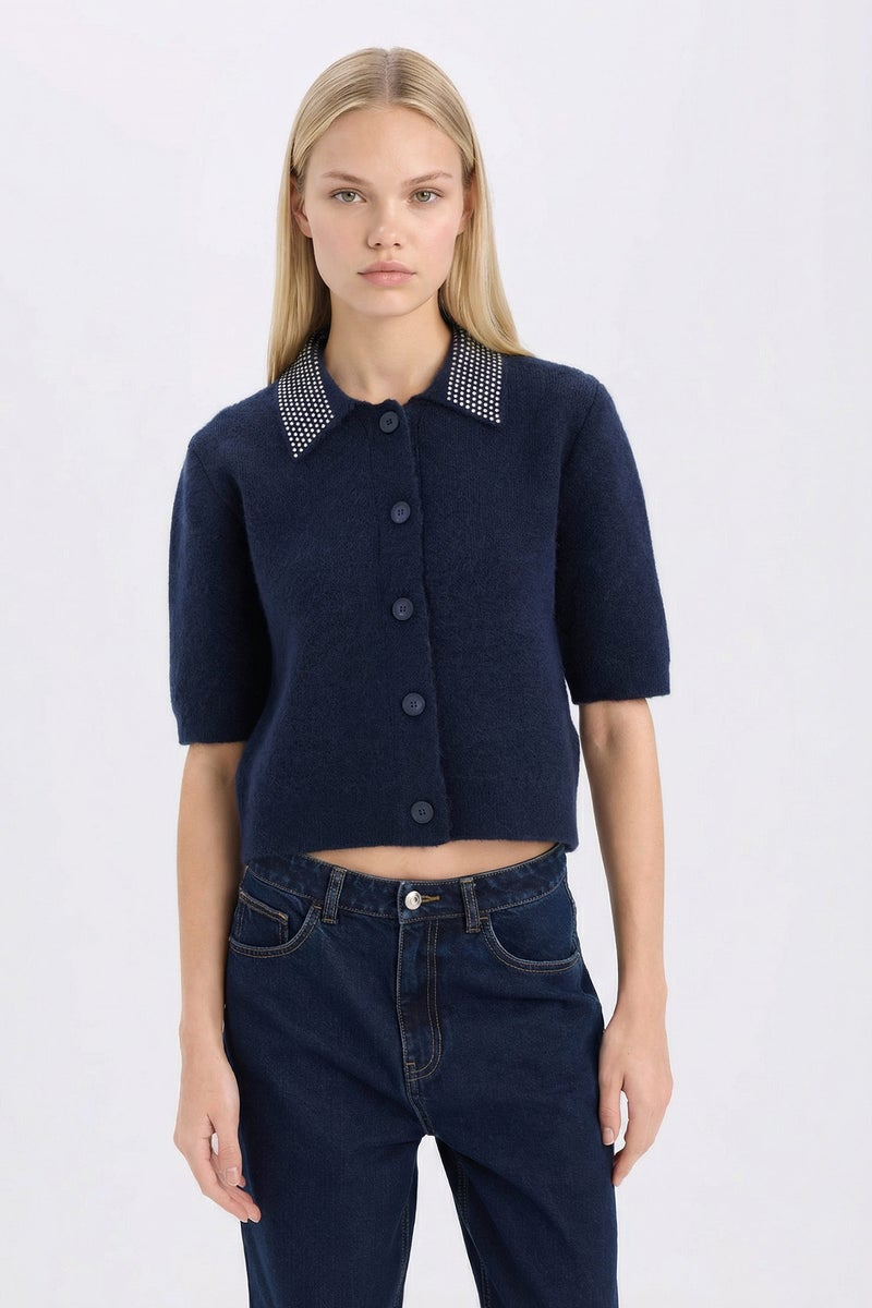 DeFacto Blue Woman Regular Fit Polo Neck Basic Buttoned Knitted Cardigan Casual - Image 1